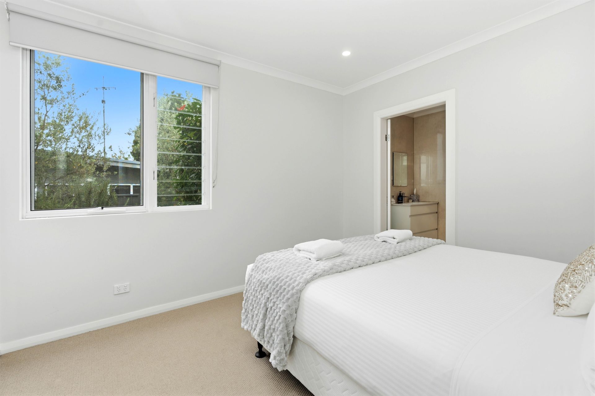 Queen bedroom with an adjoining bathroom door